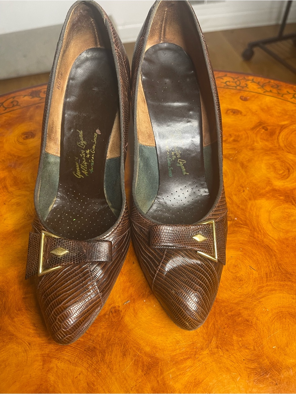 Brown Textured Pointed-Toe Pumps with Gold Accent